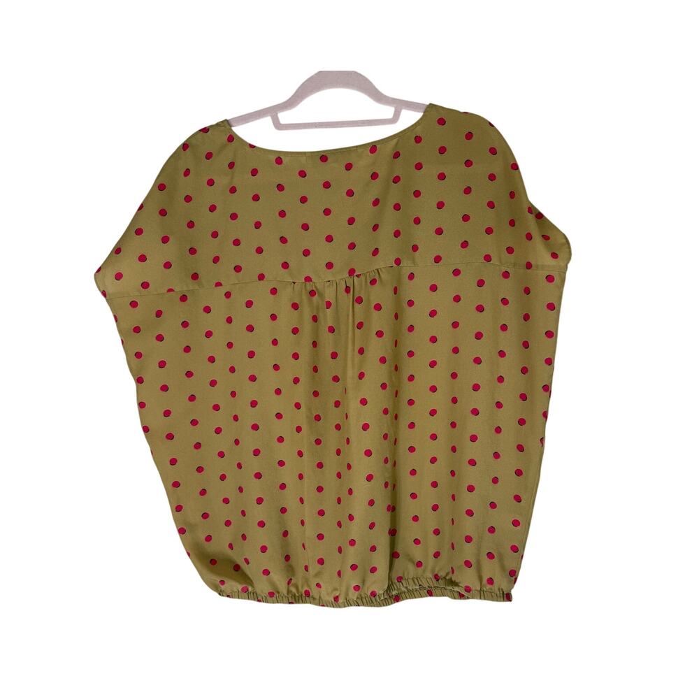 Loft Tan & Pink Polka Dots Short Cap Sleeve Oversized Silky Blouse Top Size S - Picture 5 of 10